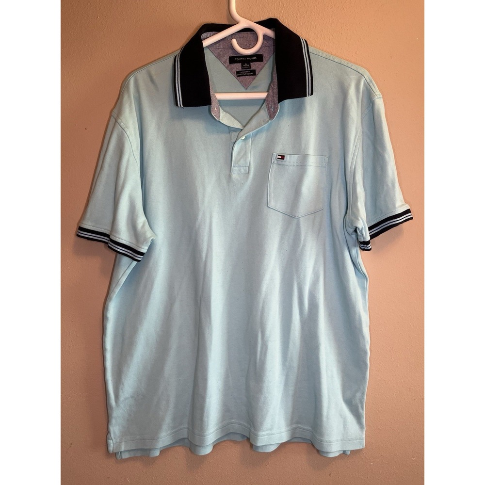 Tommy Hilfiger Men's Polo Shirt Custom Fit Light Blue Solid Pocket Logo L